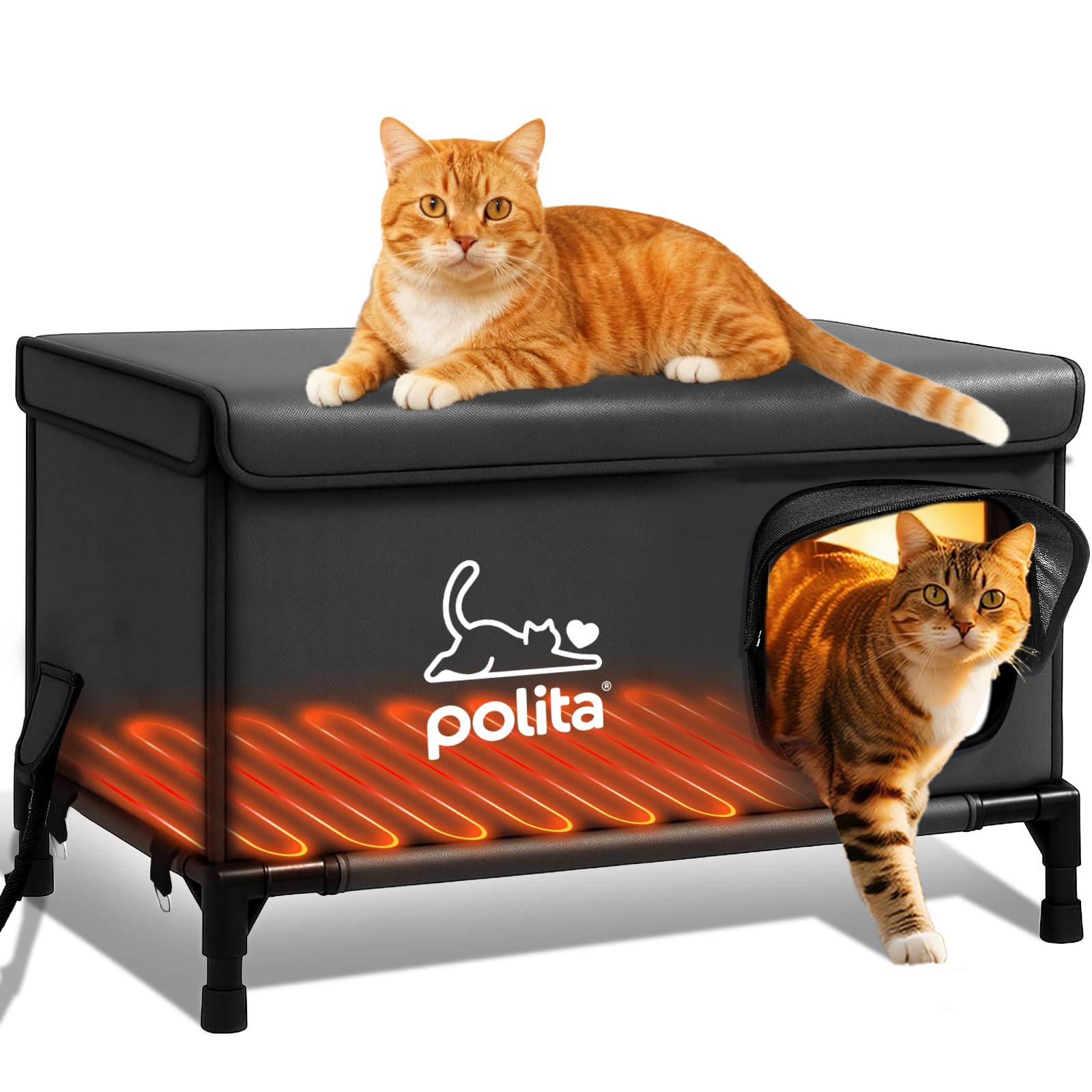 Polita rugged heated cat house exterior shows weatherproof shelter for outdoor cats.