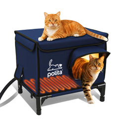 Polita rugged heated cat house exterior shows weatherproof shell for outdoor warmth.