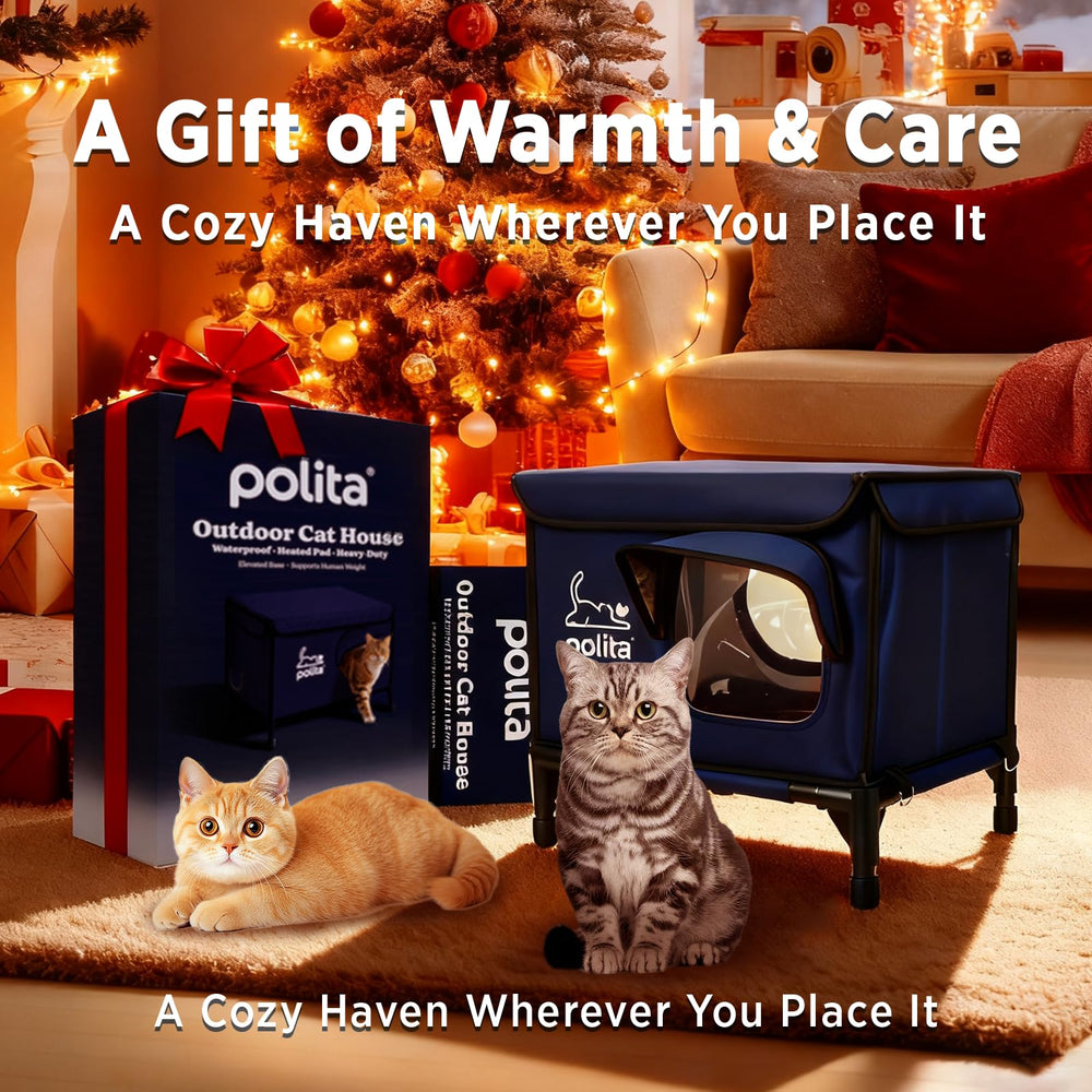 Polita rugged heated cat house removable bedding tray supports odor control.