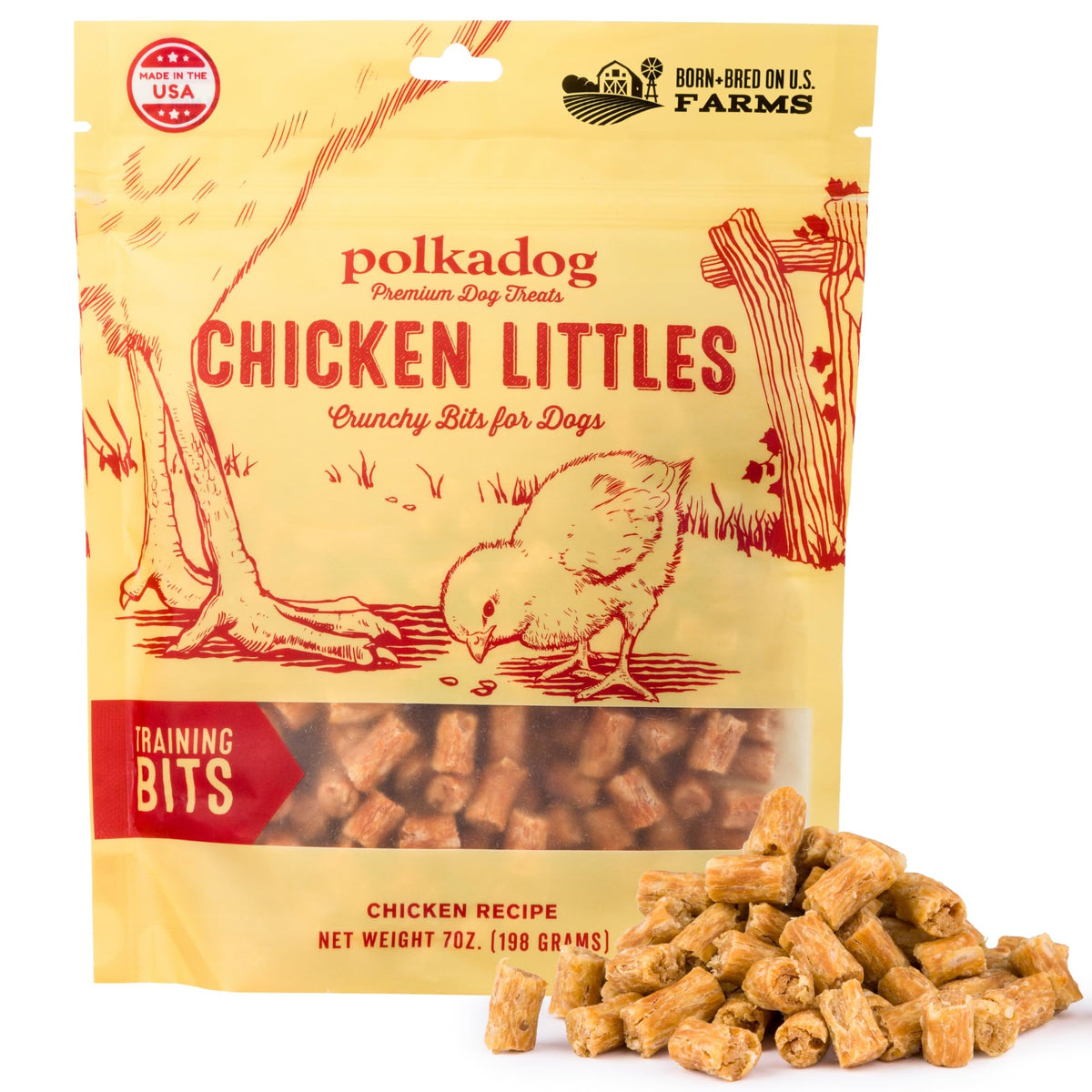 Polkadog Chicken Littles bag-open closeup for quick training rewards.