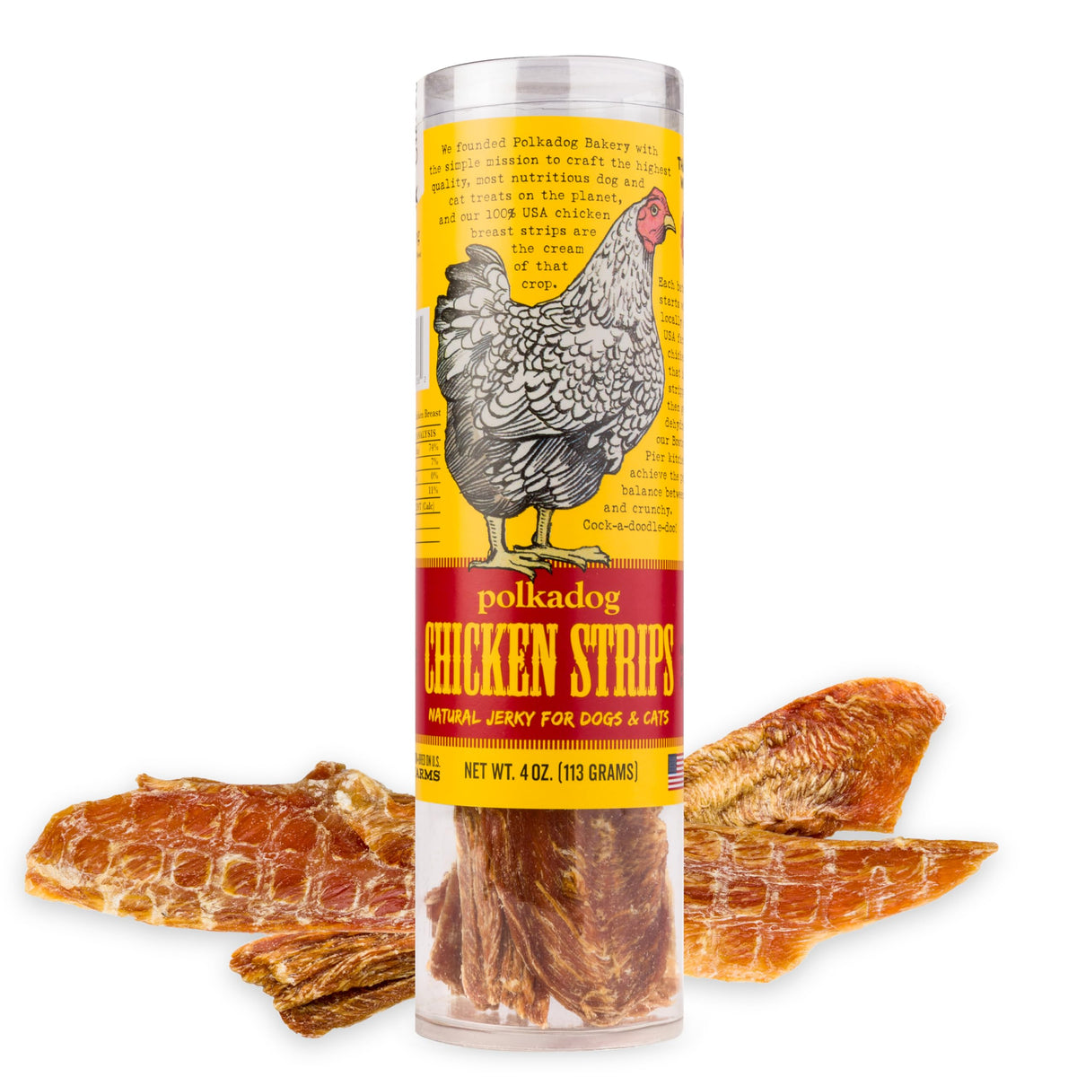 Polkadog Chicken Strip Jerky packaging highlights a convenient on-the-go training reward.