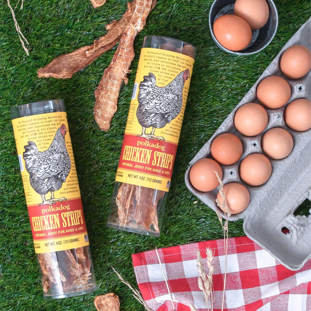 Polkadog Chicken Strip Jerky 4 oz bag ready for home use and training.