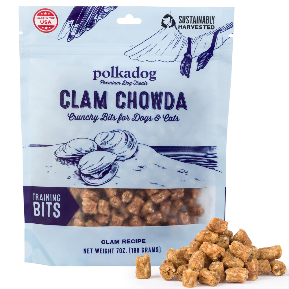 Polkadog Clam Chowda Crunchy Training Bits bag showing bite-sized rewards for quick training.
