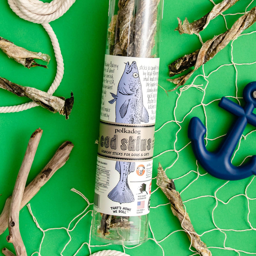 Polkadog Cod Skins Alaska wild-caught image reinforces ethical sourcing