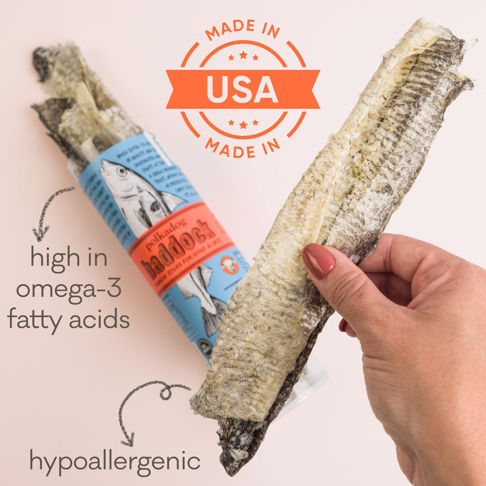 Polkadog Crunchy Haddock Skins training-treat image shows dehydrated crunch and lasting flavor.