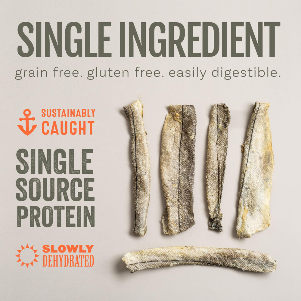 Polkadog Haddock Skins dehydrated-crisp showcases savory snack for daily dog cravings.