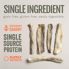 Polkadog Haddock Skins dehydrated-crisp showcases savory snack for daily dog cravings.