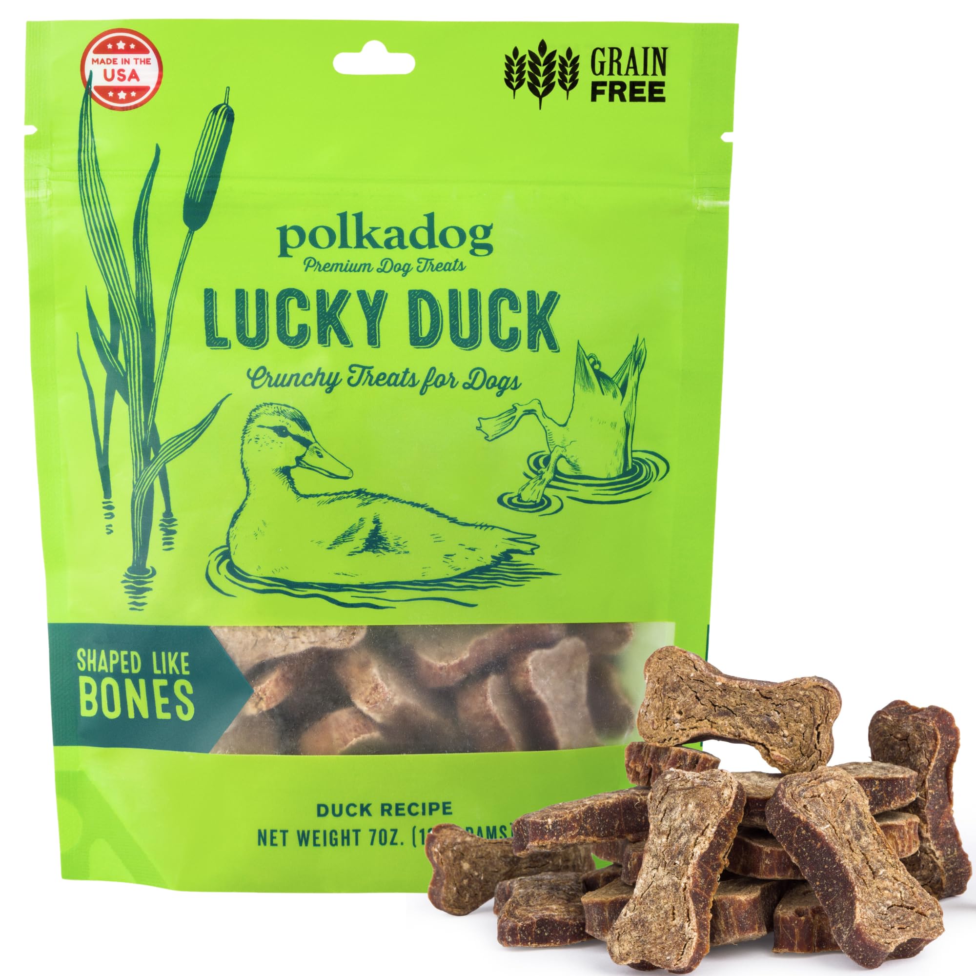 Polkadog Lucky Duck bone-shaped treats packaging showcases premium natural ingredients for training rewards.