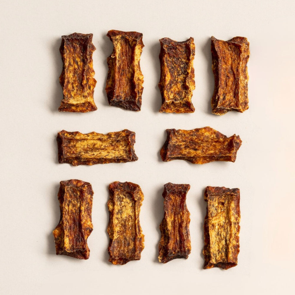 Polkadog Salmon chips packaging closeup—USA-made, sustainable sourcing for pet treats