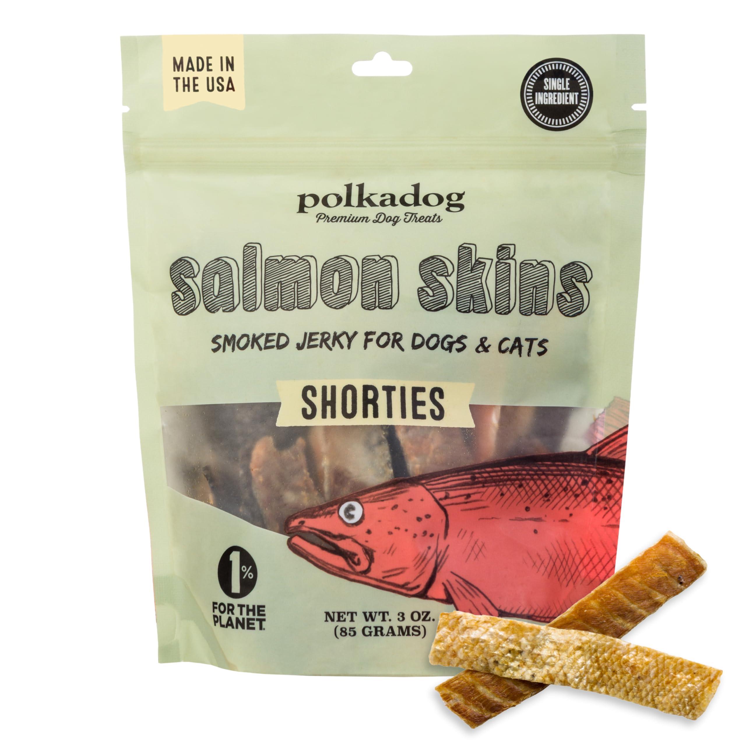 Polkadog Salmon Skins Shortie packaging shows single-ingredient protein for dogs