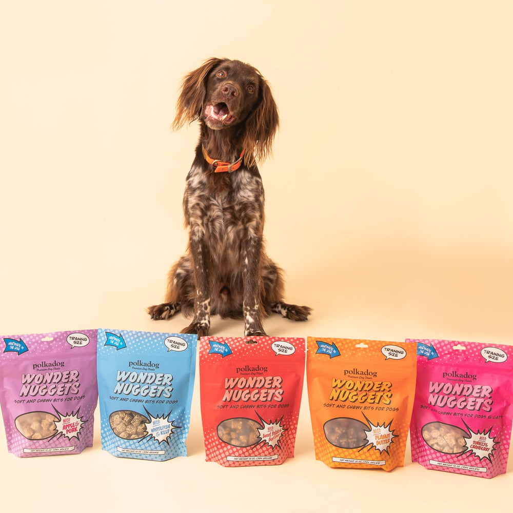 Polkadog Wonder Nuggets dogs of various breeds enjoying the tasty treats.