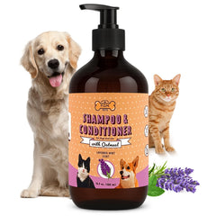 P.O.M. PETS 2-in-1 dog shampoo bottle for gentle cleansing on sensitive skin.