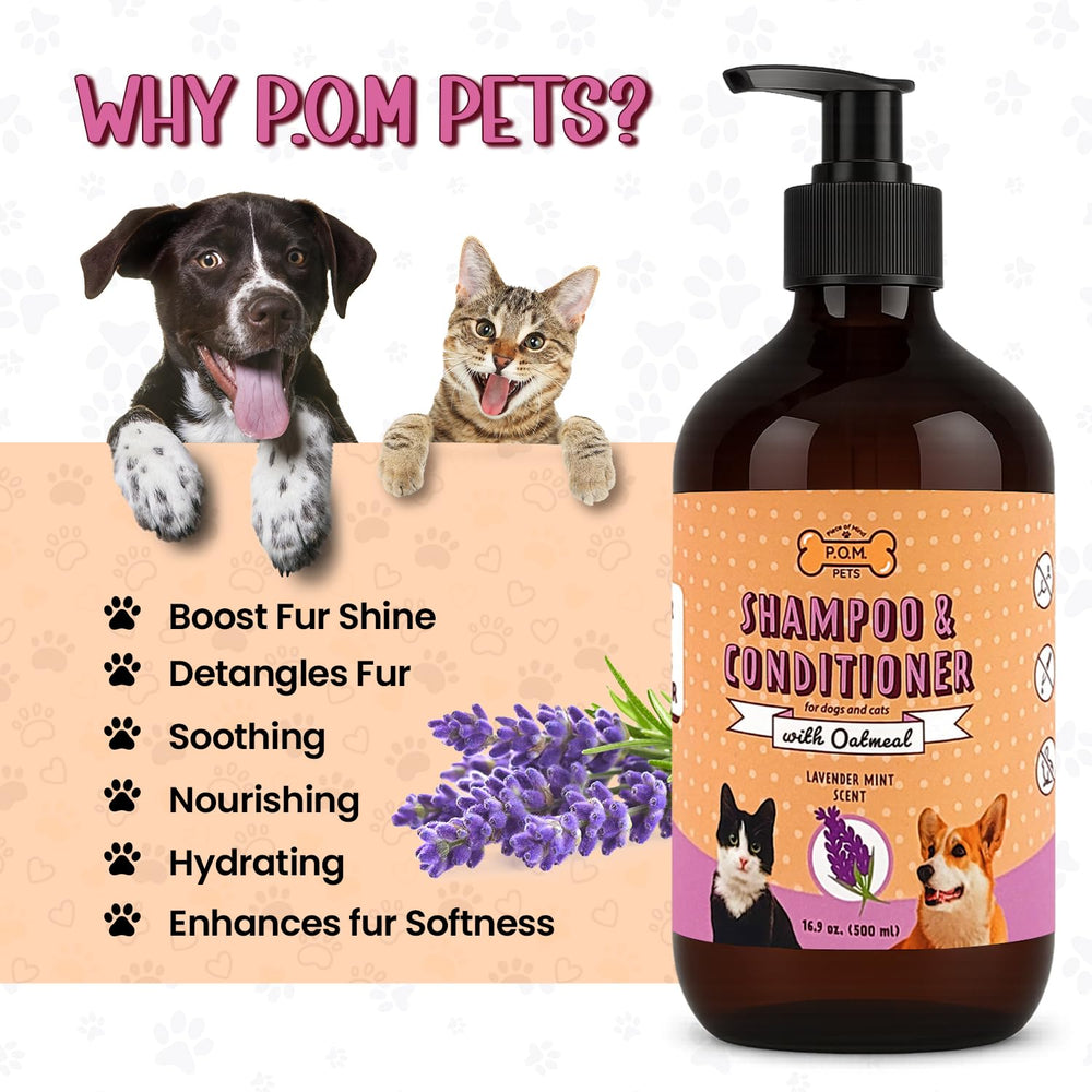 P.O.M. PETS 2-in-1 foam-lather close-up showing detangling benefits.