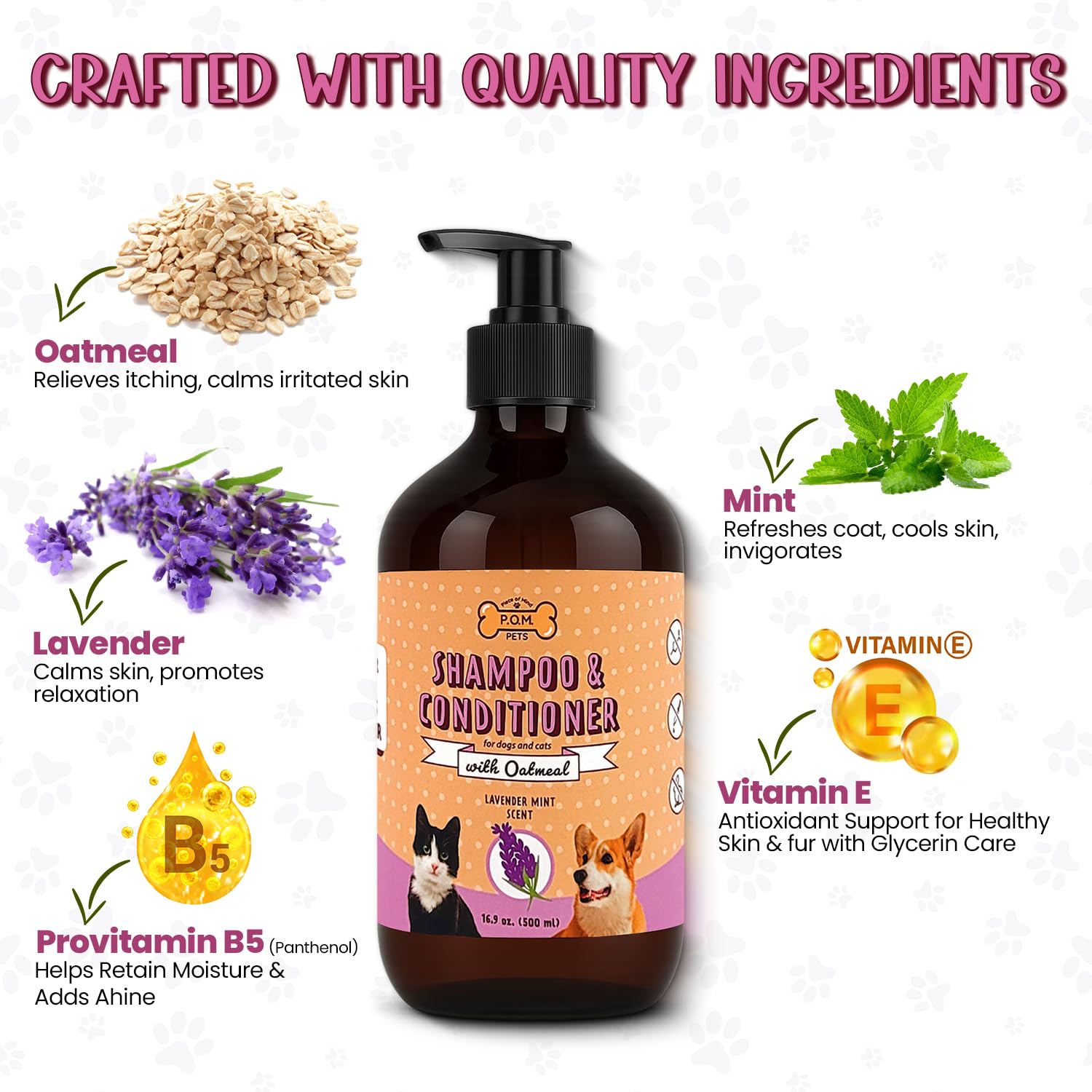 P.O.M. PETS soothing ingredients close-up highlighting Provitamin B5 and Vitamin E.
