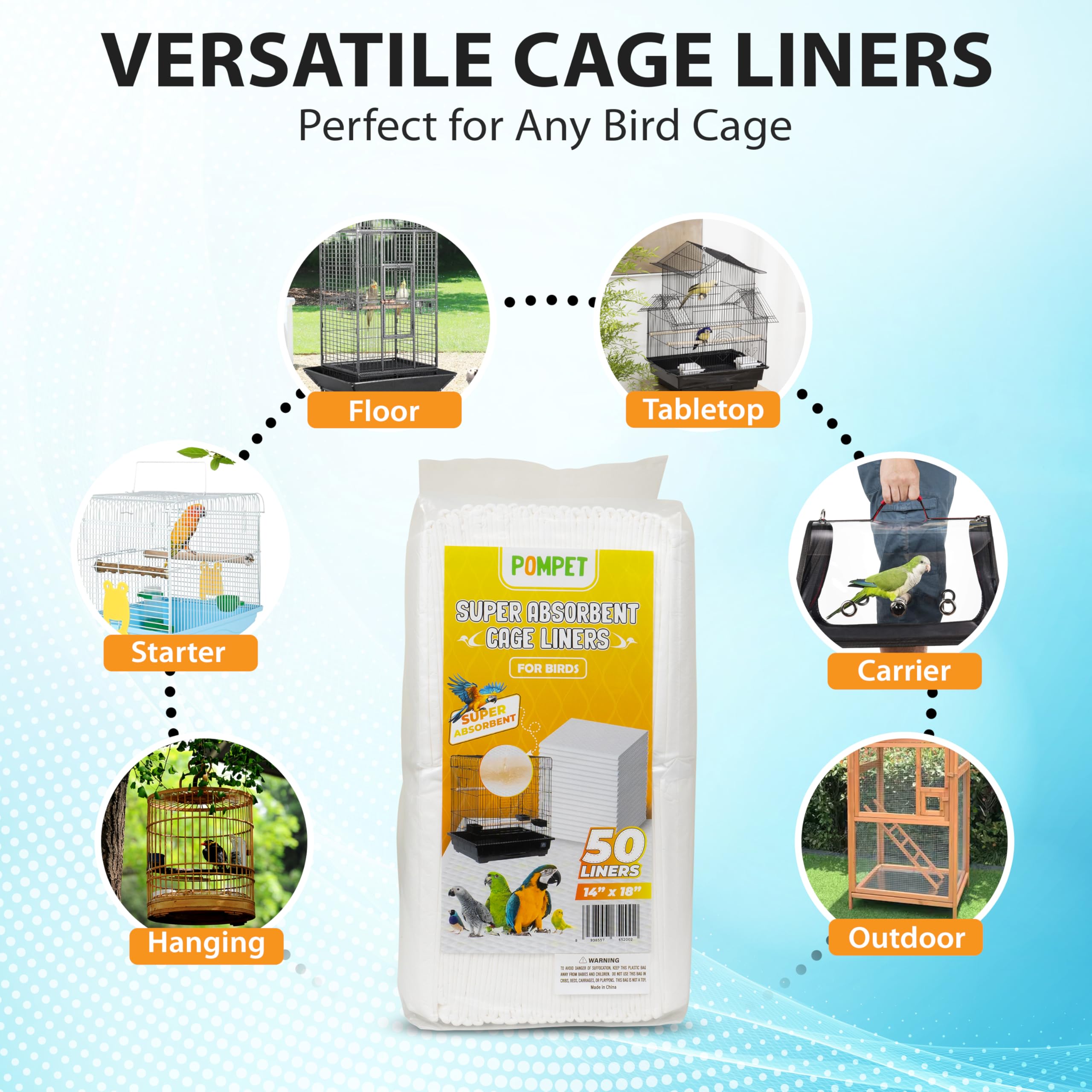 POMPET odor control in cage scene highlights a fresh bird habitat.