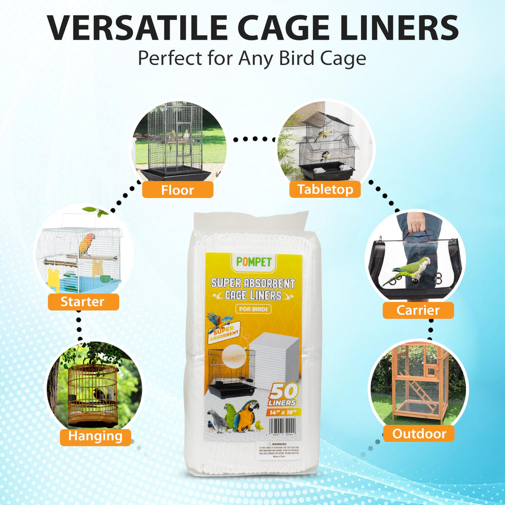 POMPET odor control in cage scene highlights a fresh bird habitat.