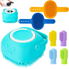 Ponpon dog bath brush with shampoo-dispensing design for easy lather while bathing