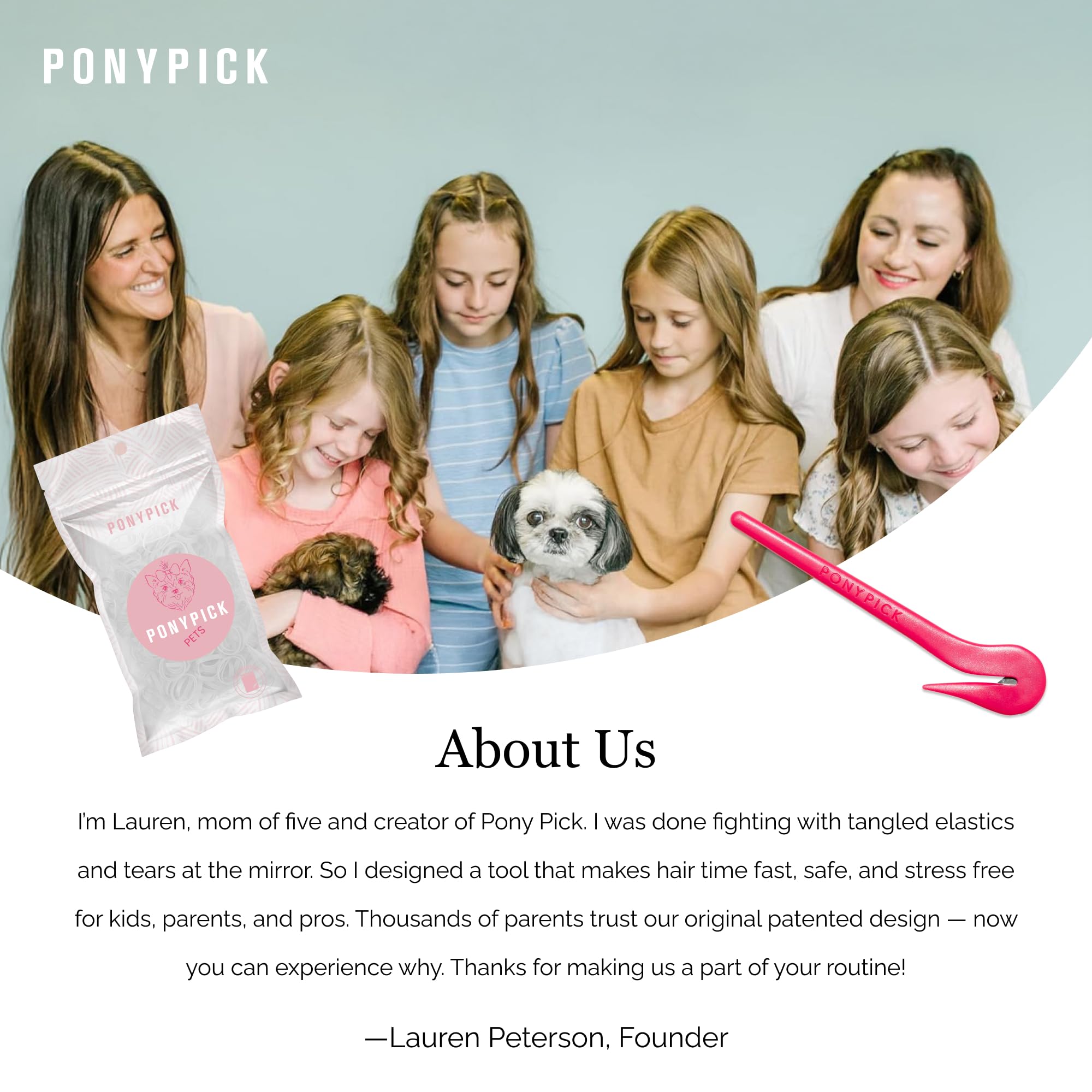 Pony Pick multi-coat compatibility close-up demonstrates gentle grooming across hair types.