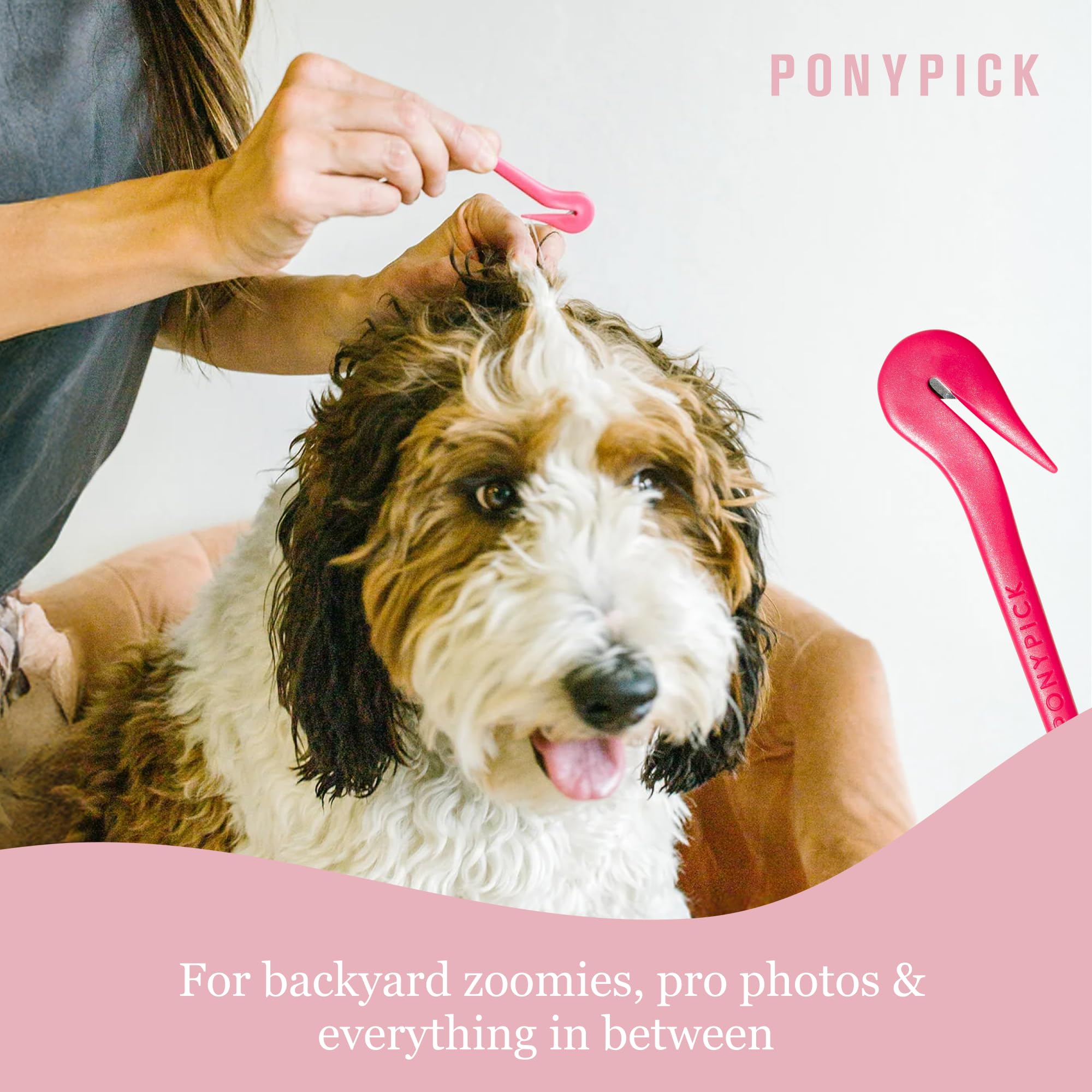 Pony Pick ponytails-and-braids usage shot suggests creative styling without tugging.