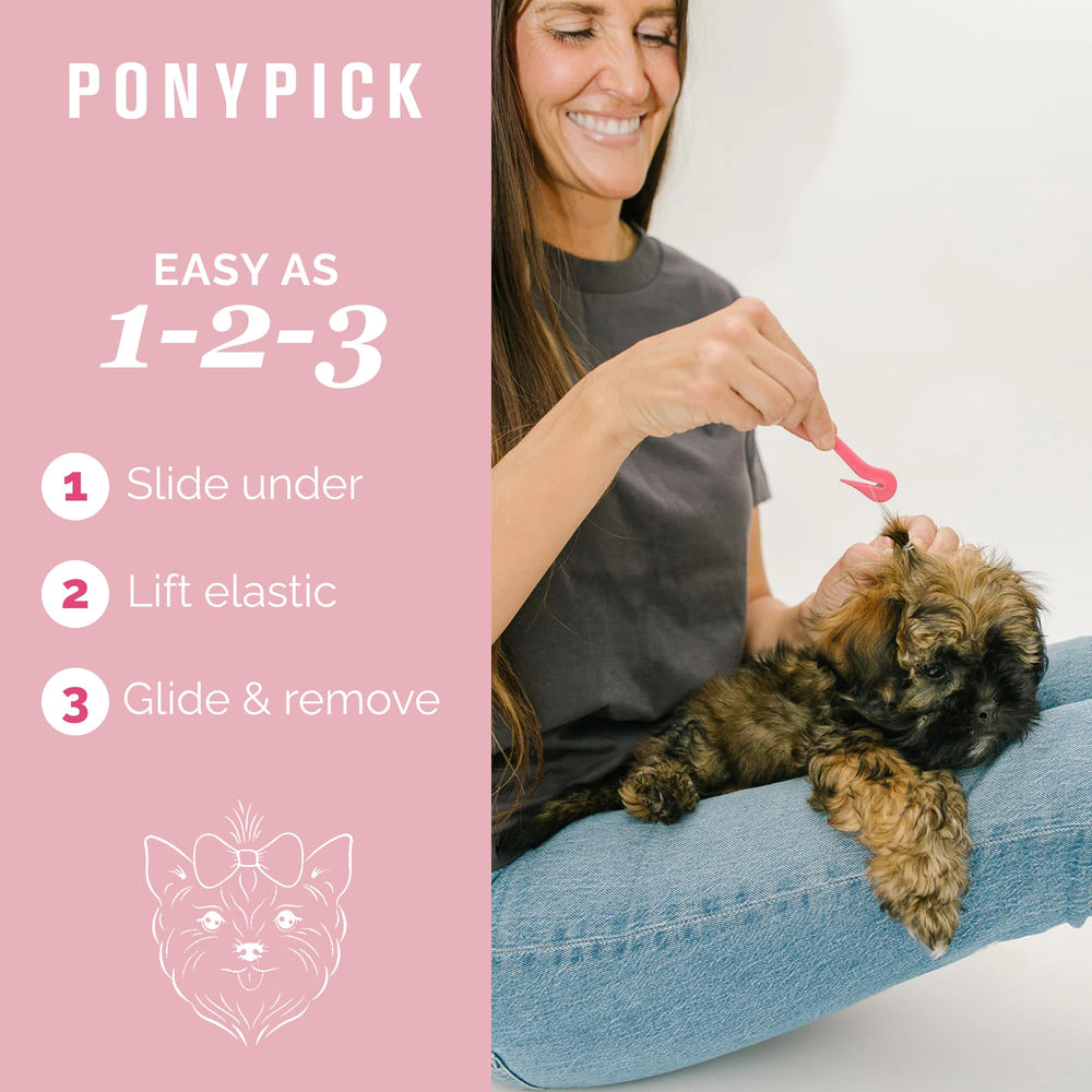 Pony Pick elastic removal in three steps close-up shows quick, hassle-free grooming.