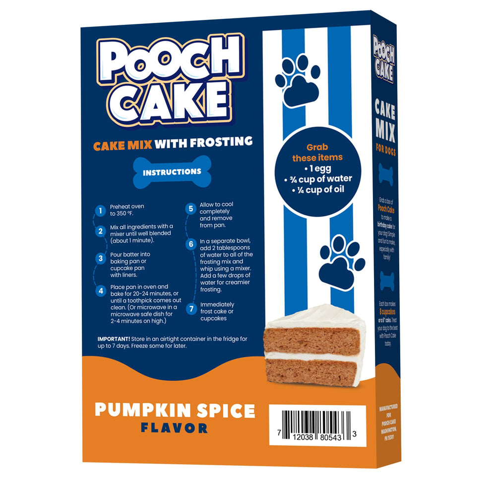 Pooch Cake dog-safe frosting shown with cake mix for easy, tasty paw-ty treats.