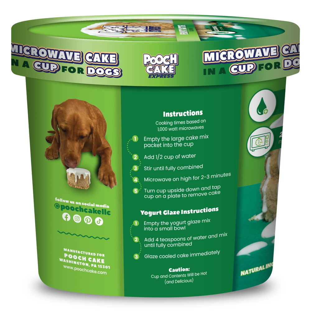Pooch Cake Express cup pour microwave shows easy heat-and-serve dog dessert