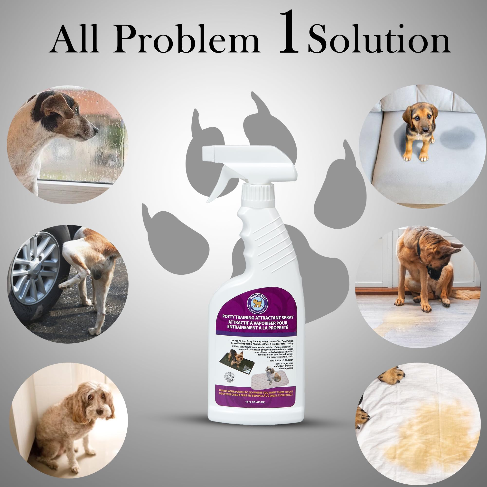 PoochPad attractant spray emphasizes non-toxic, dog-friendly use.