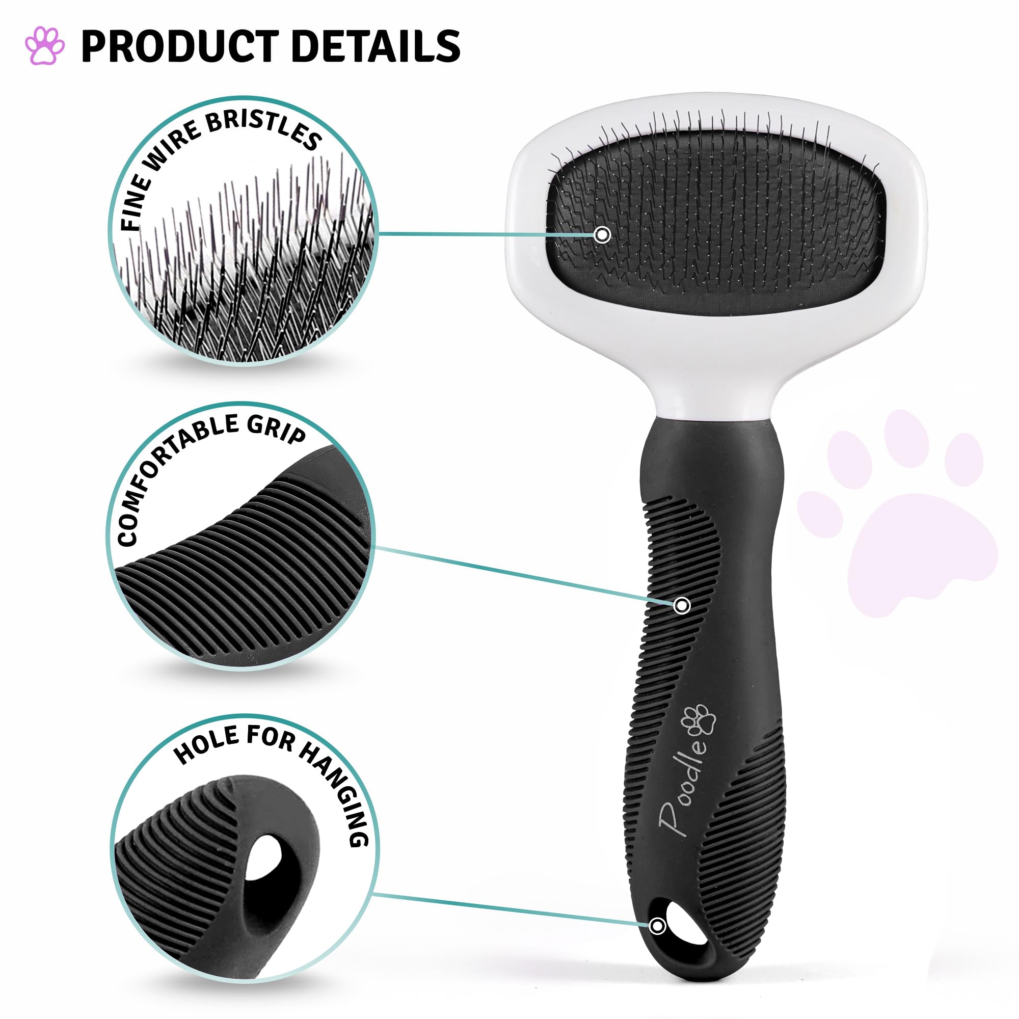 POODLIE Poodle Pet Slicker Brush closeup-bristles: fine pins reach undercoat for thorough grooming