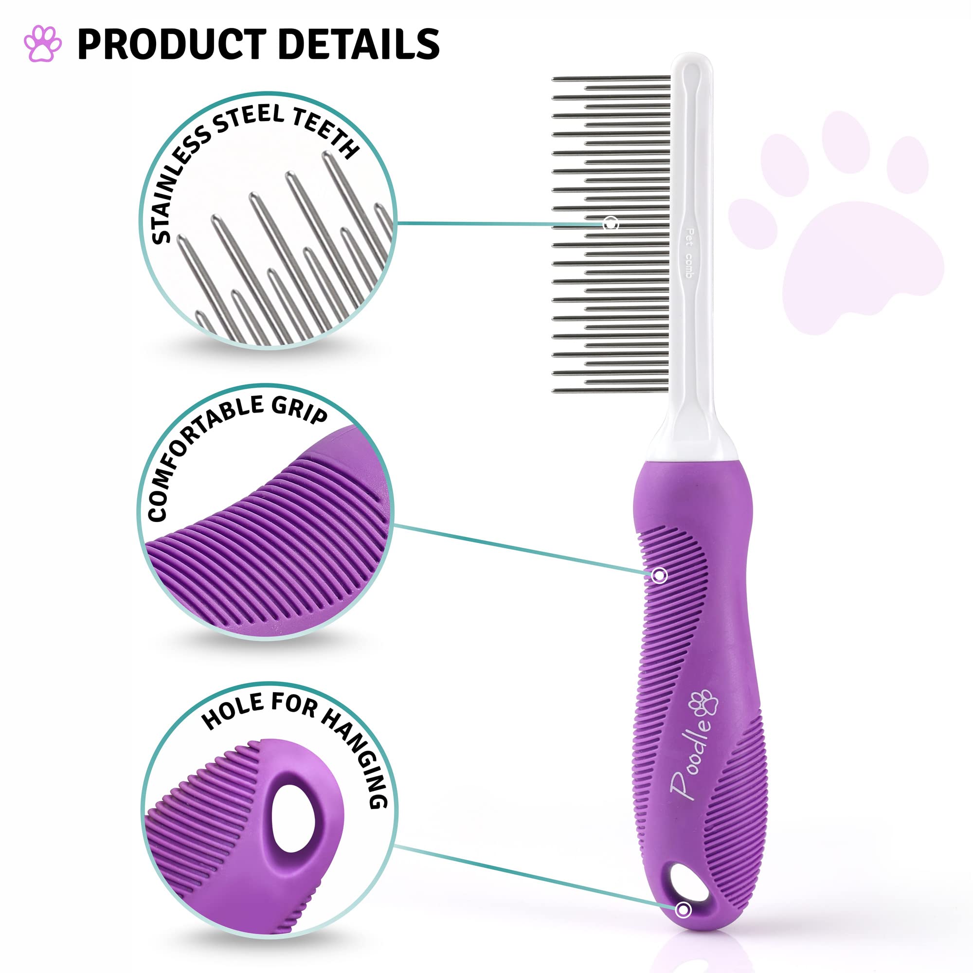 POODLIE detangler comb anti-slip handle for safe grooming sessions