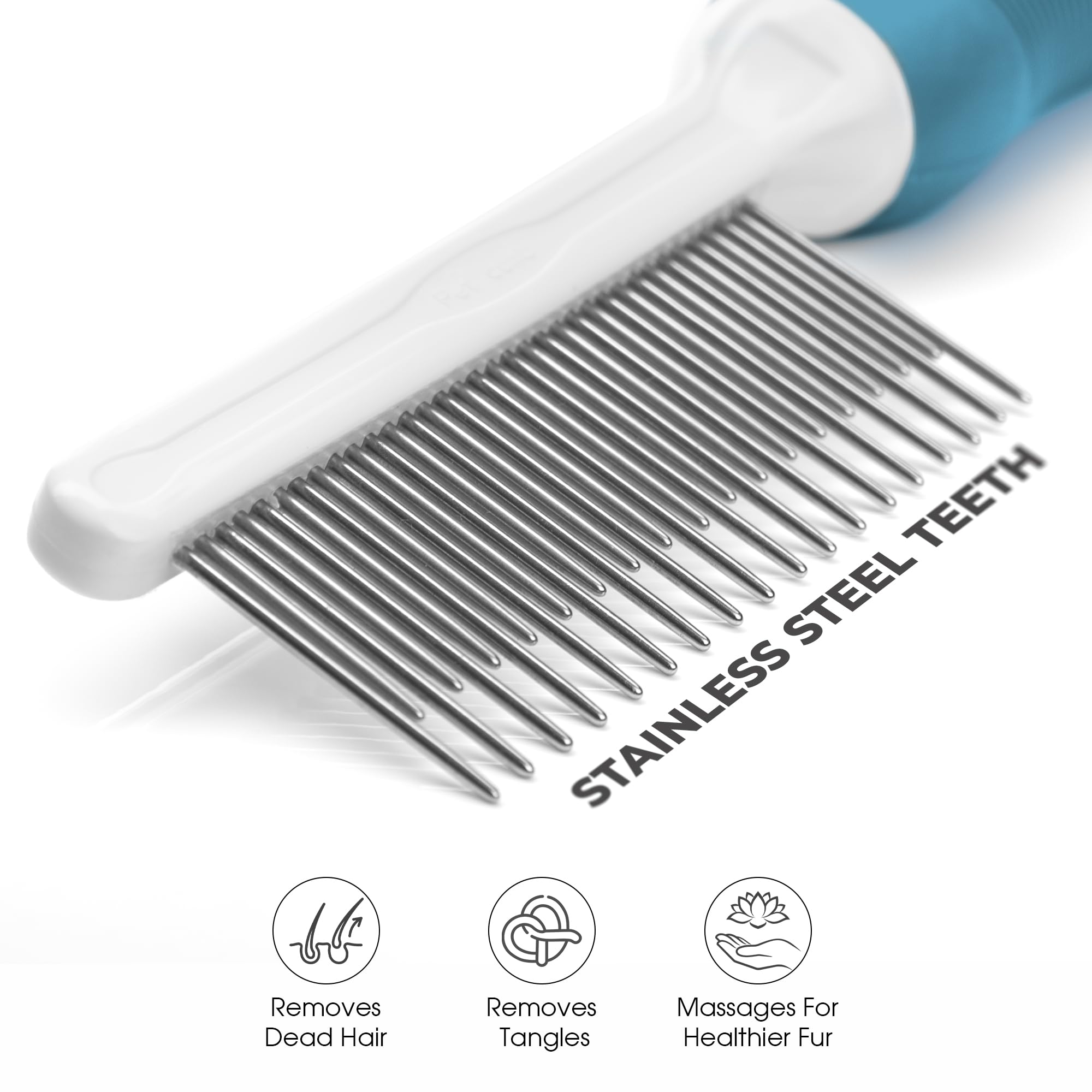 POODLIE Stainless steel teeth deliver durable detangling for dogs and cats.