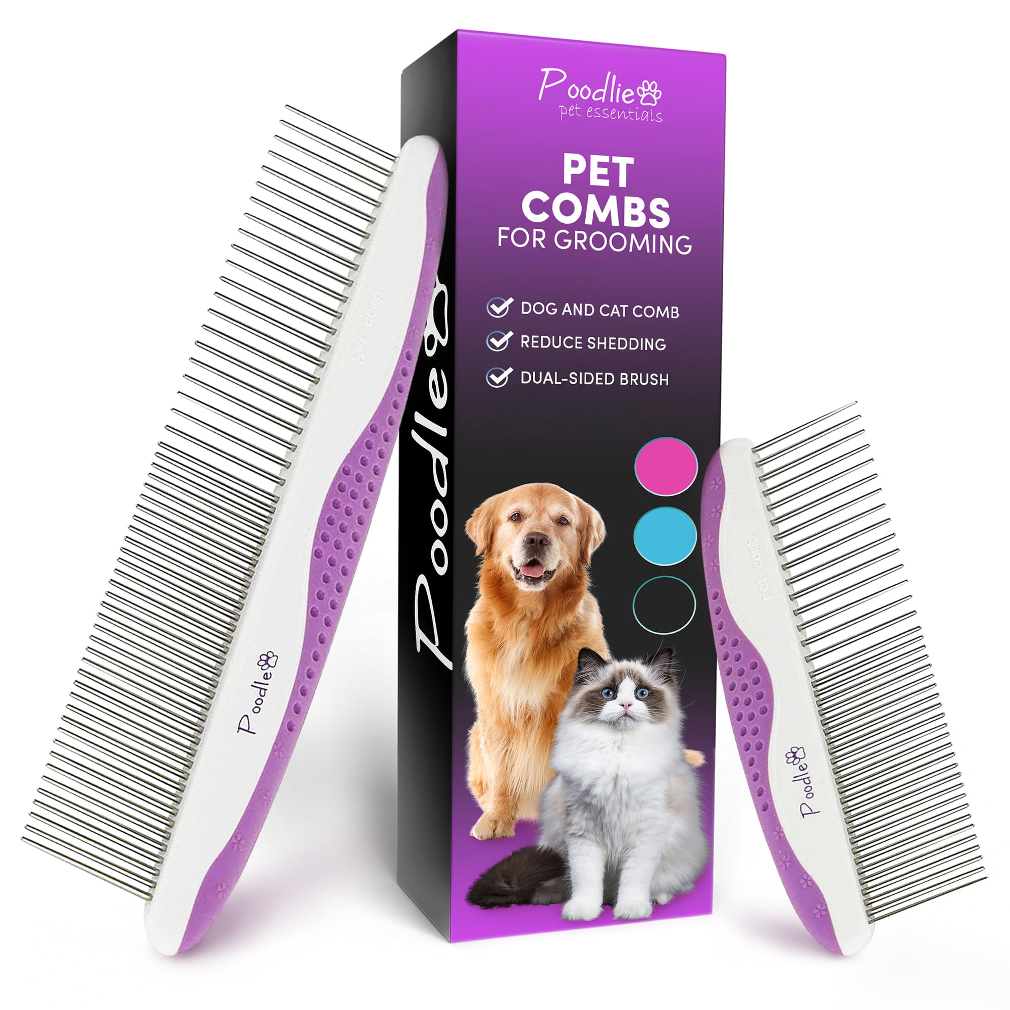 Poodlie poodle pet combs 2-pack angle view for easier grooming with anti-slip grip.