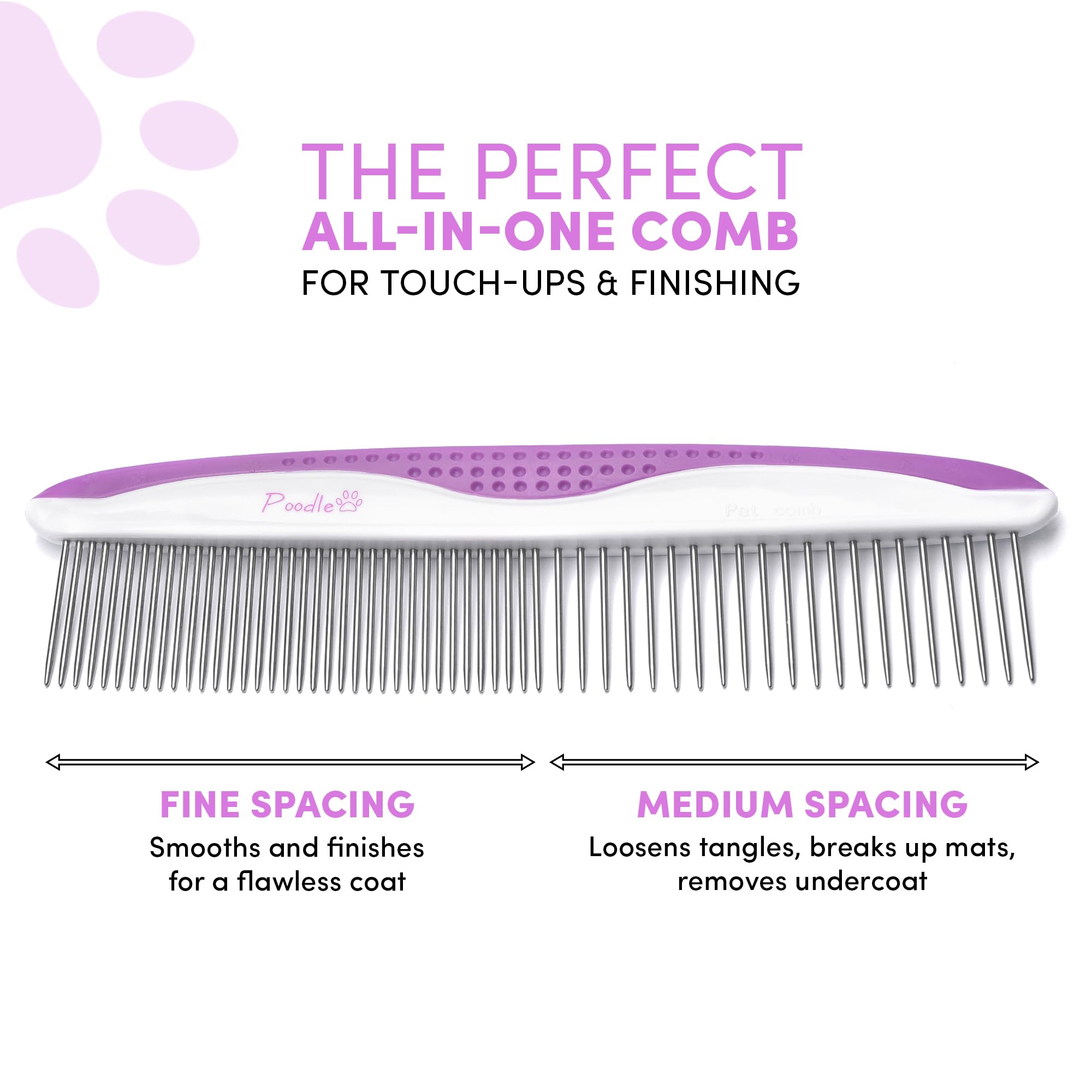 Poodlie poodle combs on-dog use showing dirt removal and detangling.