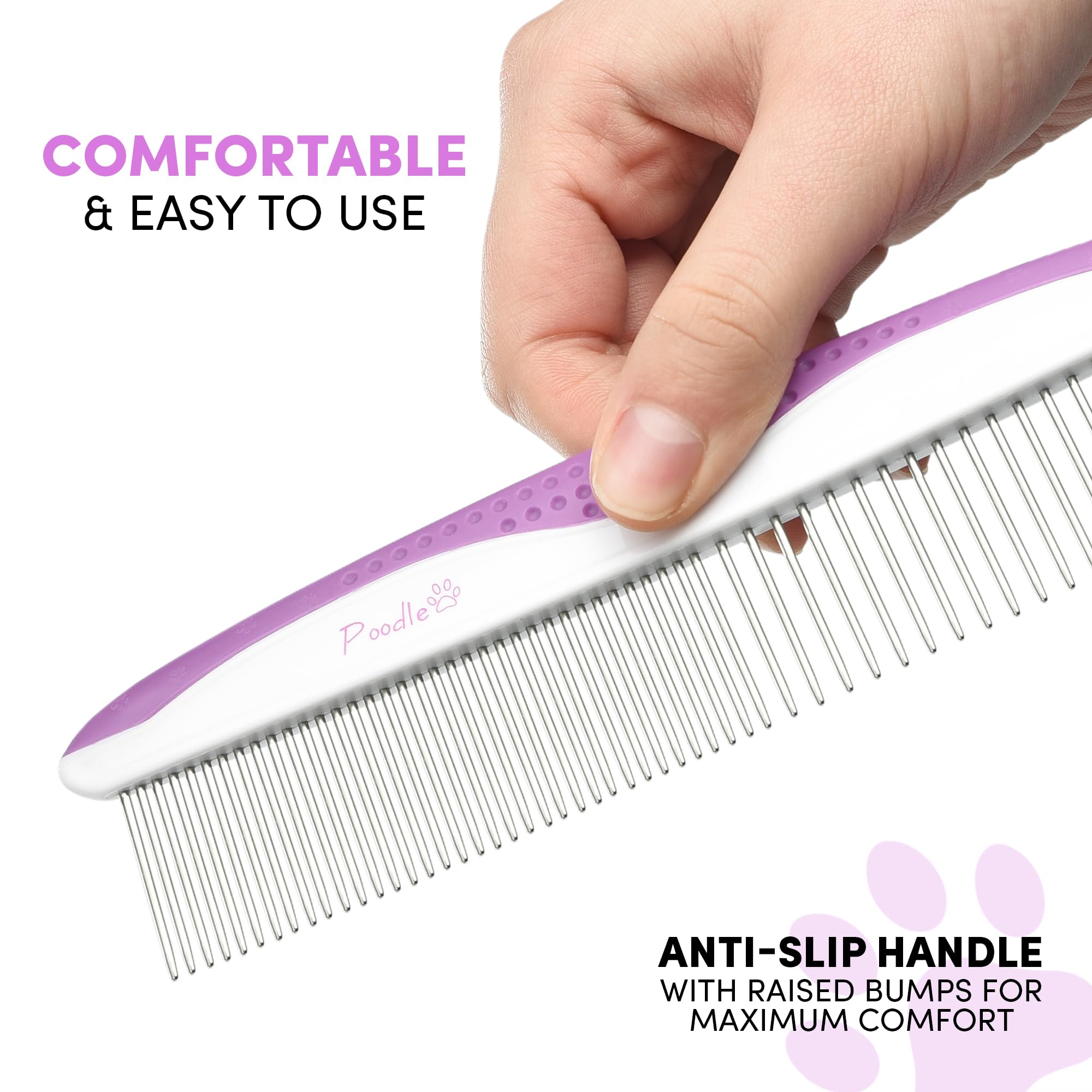 Poodlie poodle combs purple anti-slip handle close-up, reducing wrist strain.