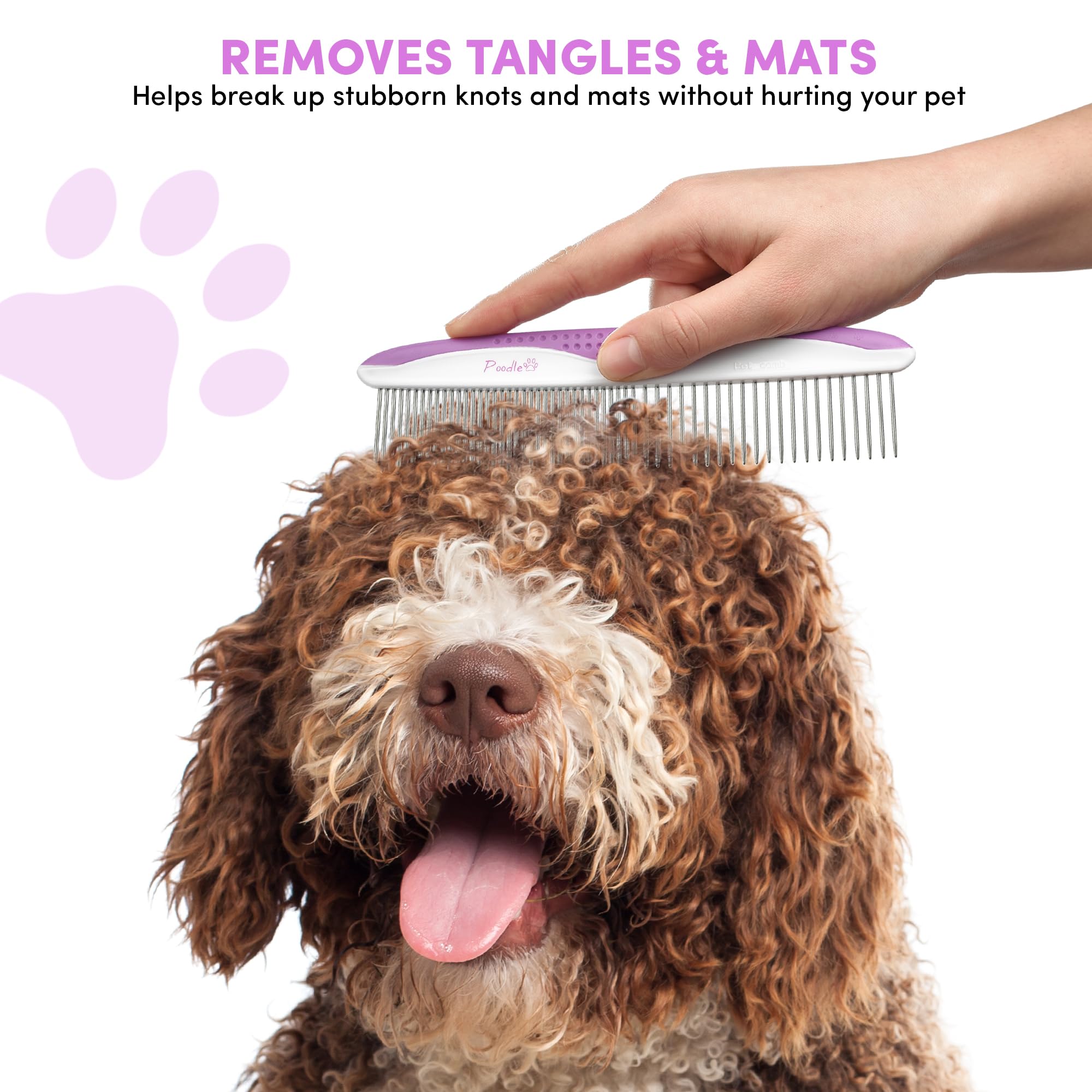 Poodlie poodle combs two sizes side-by-side for convenient grooming.