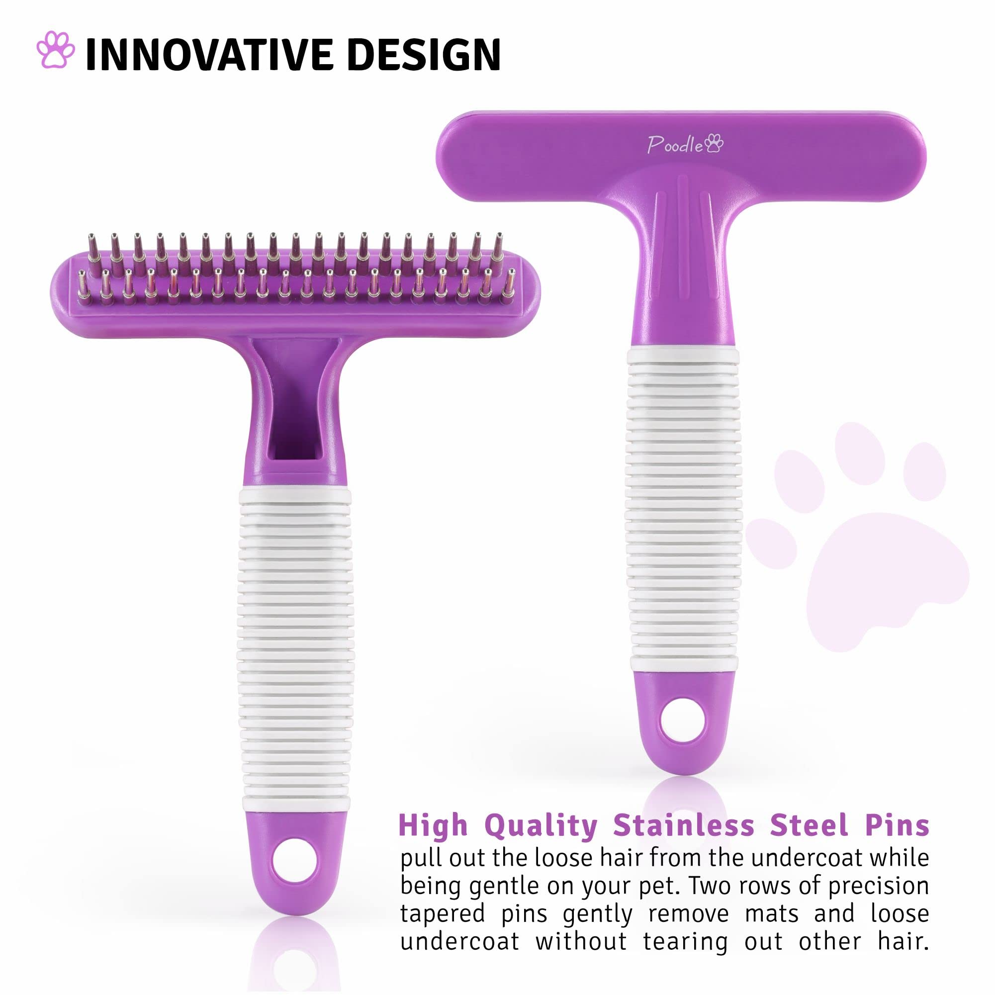 POODLIE Poodle Pet Grooming Rake massage action image conveys careful brushing.