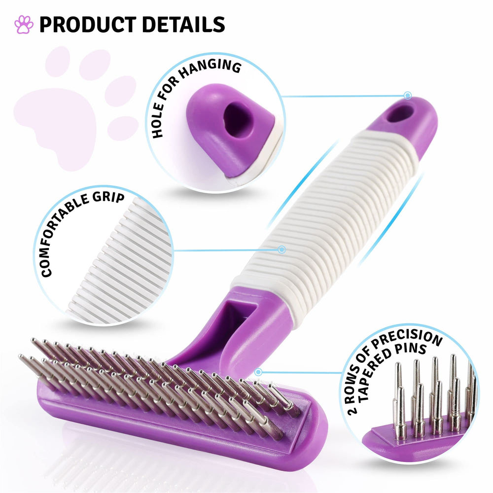 POODLIE Poodle Pet Grooming Rake two-row pins closeup highlights efficient undercoat removal.