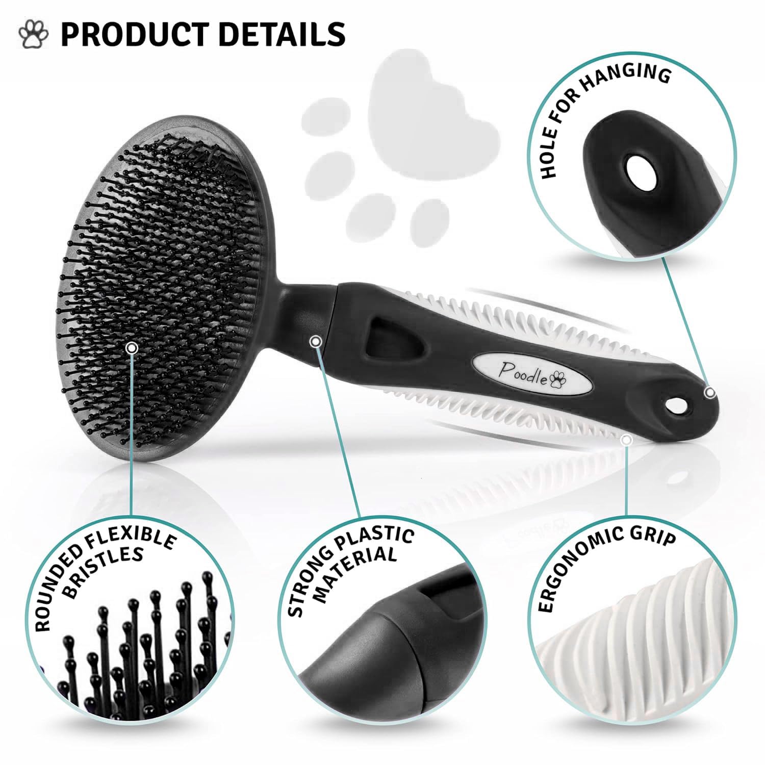 POODLIE Round Bristle Brush rubber grip for steady handling during grooming sessions.