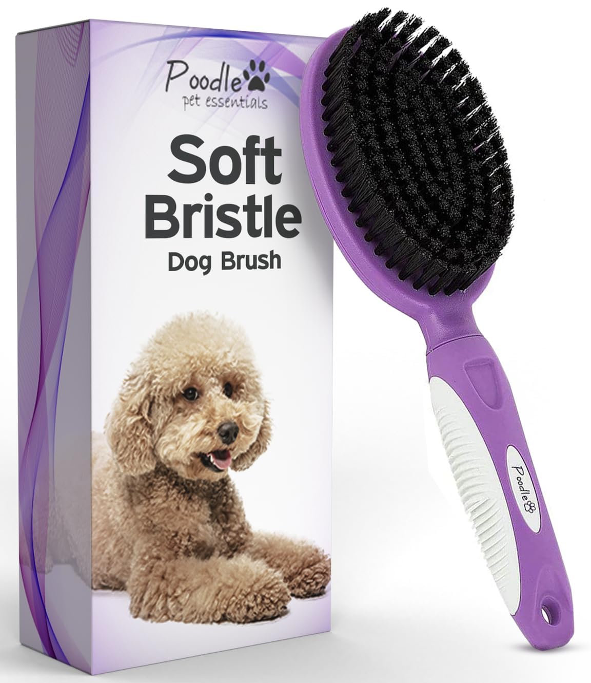 POODLIE Soft Bristle Brush front view for short fur pets showing gentle grooming with a calm pet