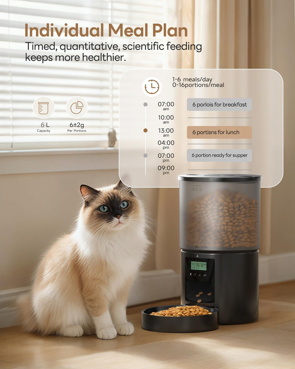 POOEKEN automatic cat feeder 6L capacity highlights long-lasting food storage.