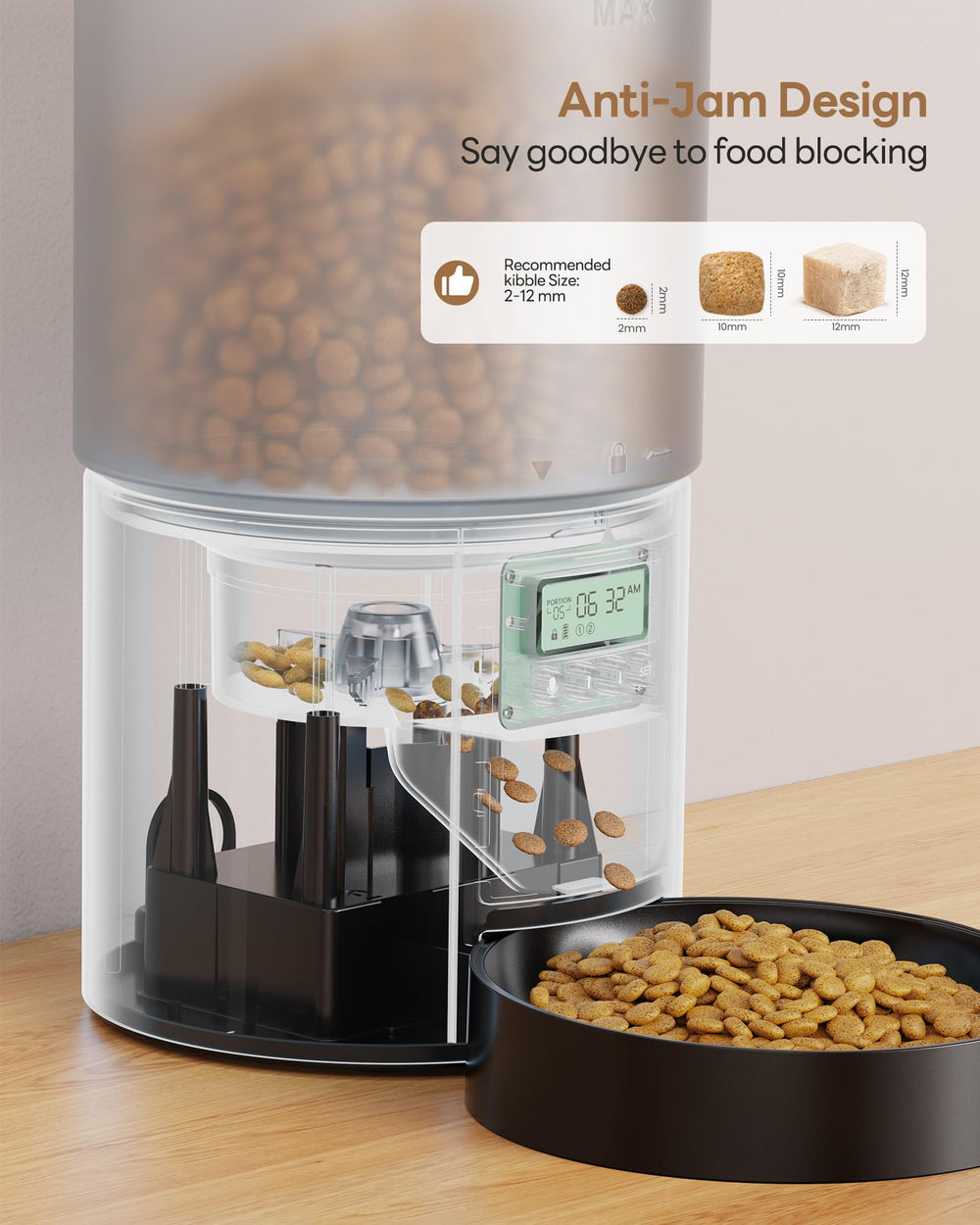 POOEKEN cat feeder shows 4L capacity hopper for longer feeding intervals