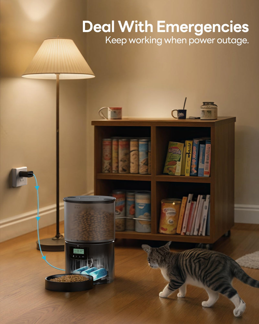 POOEKEN cat feeder power options image showing wired and battery compatibility
