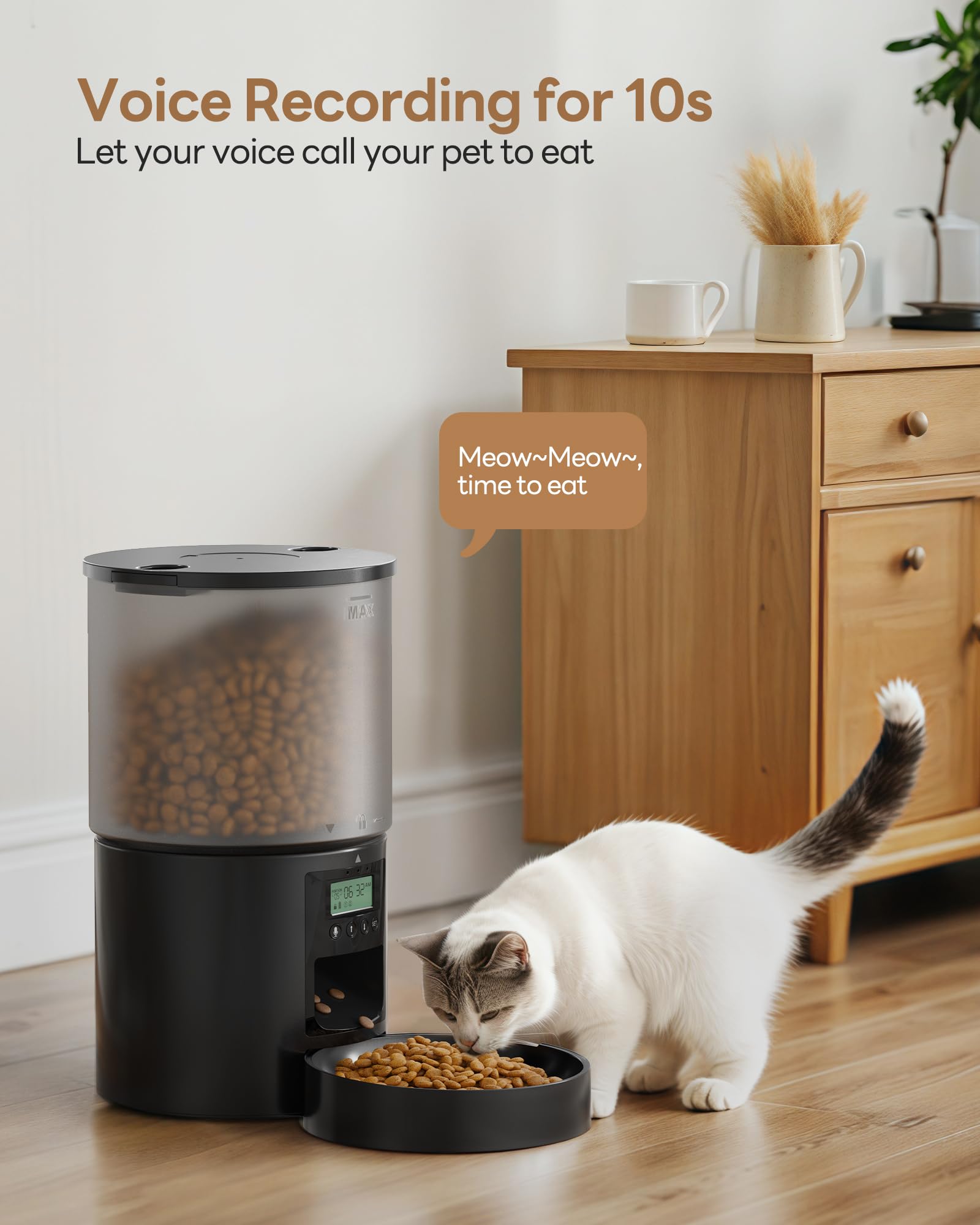 POOEKEN cat feeder with voice prompt illustrating meal-time reminder