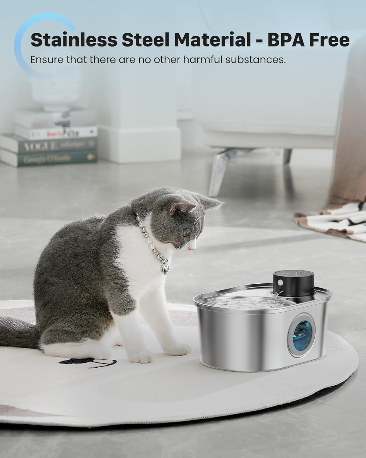 POOEKEN wireless cat fountain 3.2L capacity keeps water available longer.