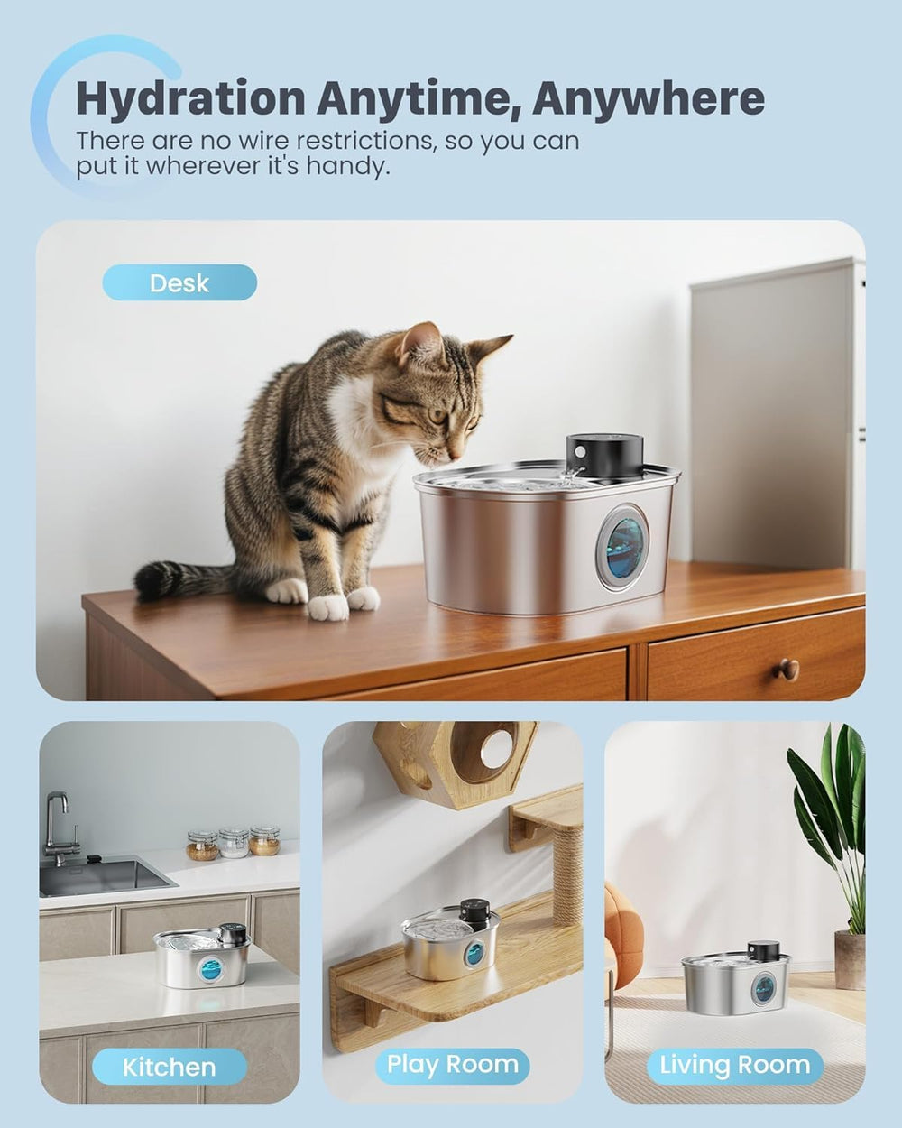 POOEKEN wireless cat fountain BPA-free stainless steel ensures safe drinking water.
