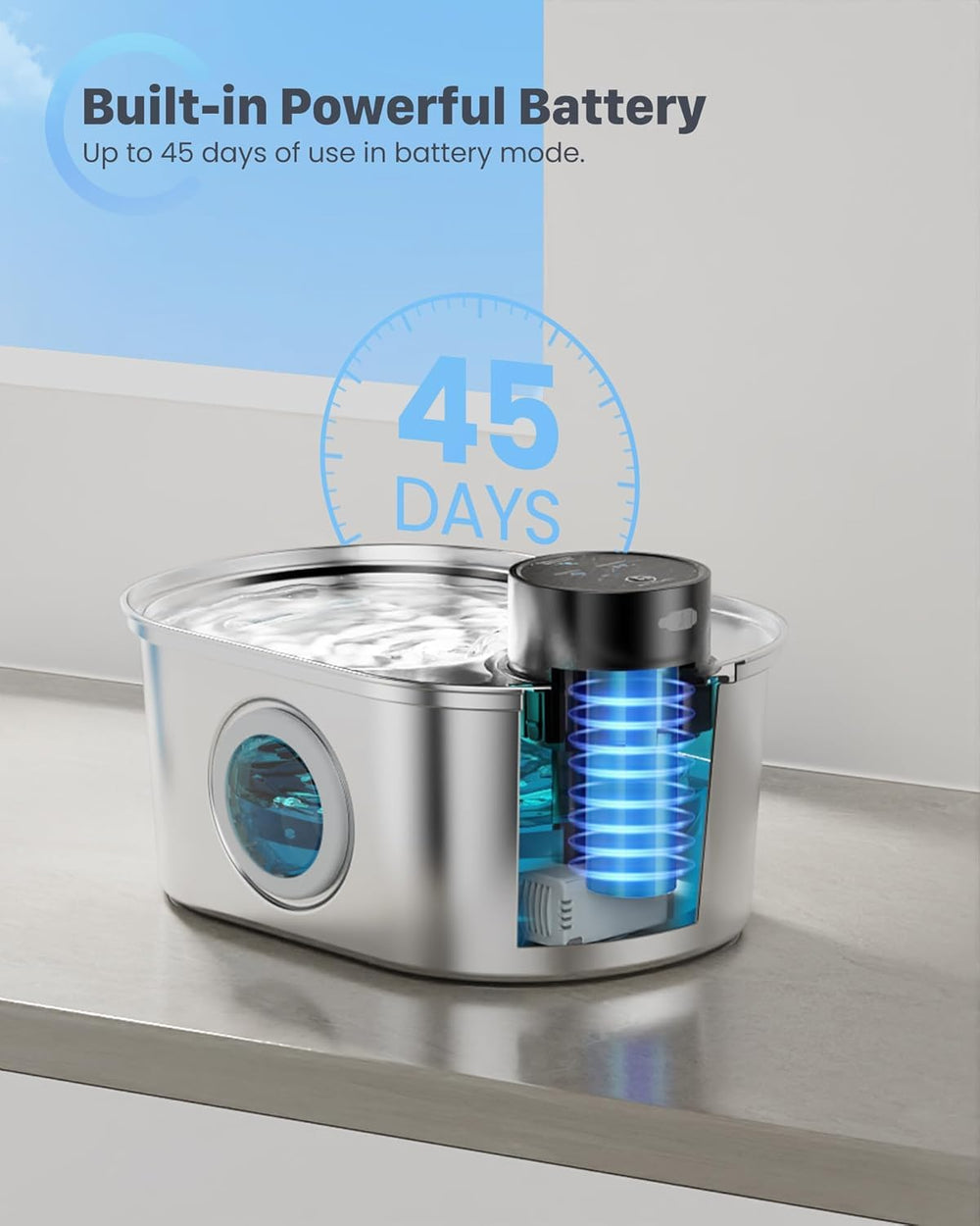 POOEKEN wireless cat fountain stainless-steel body for durable, BPA-free hydration.