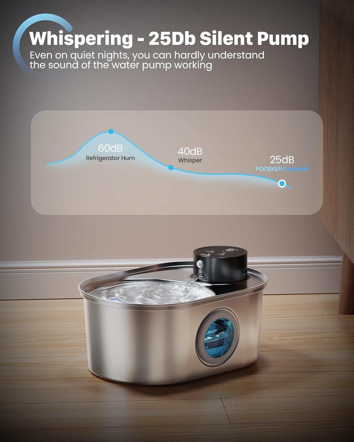 POOEKEN wireless cat fountain ultra-quiet 5V pump for calm indoors.
