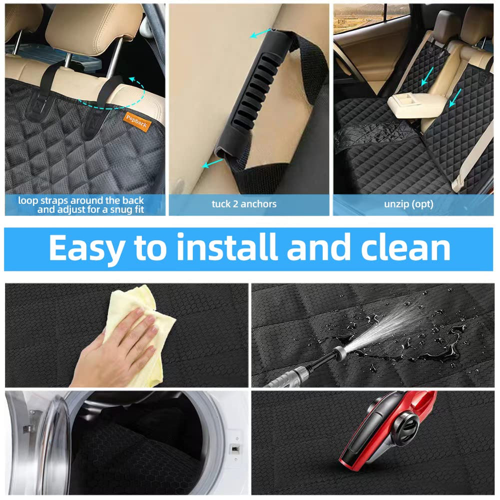 Popbark back seat cover shows adjustable straps for quick, snug installation