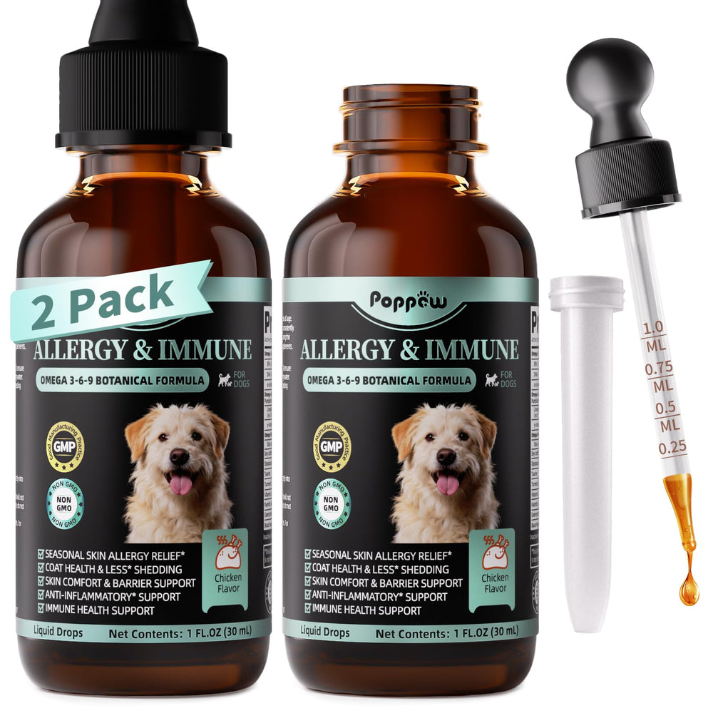 POPPAW Allergy & Immune dog supplement bottle demonstrates seasonal support for itchy skin.