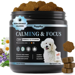 POPPAW Calming Chews bottle front showcasing packaging and trusted calming support.