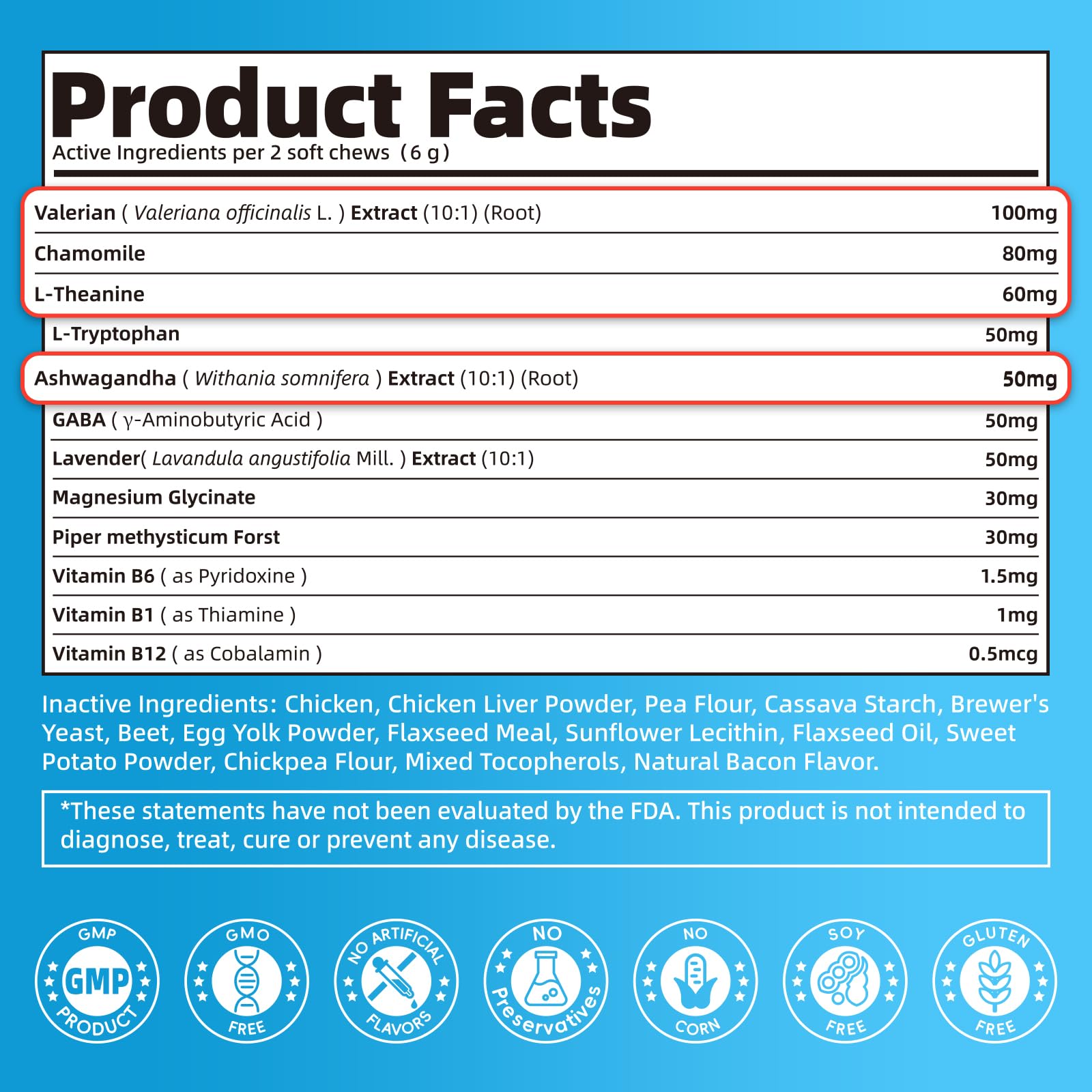 POPPAW Calming Chews ingredients graphic highlighting chamomile and ashwagandha.